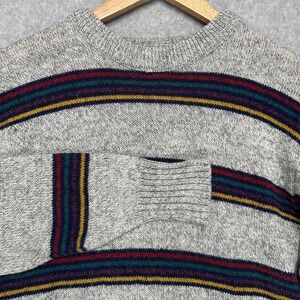 Gary Reed Mens Striped Wool Blend Crewneck Sweater Grey Marled Vintage Large
